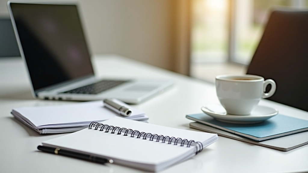 A neatly organized study space with a laptop, notebooks, and a coffee mug, symbolizing balance between freelance work and studies.